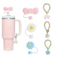Cute Stanley tumbler accessories set with straw covers and floral chain charms - Set B