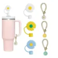 Cute daisy straw topper and metal chain charm set for 10mm tumblers, sweet pink cup decor. - Combination C