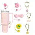 Cute daisy bow straw covers and chain charms set for large tumblers, pink cup detail view. - Combination E