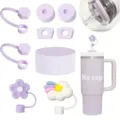 Set di accessori per tazza in silicone viola con copri-canna e tappi antiribaltamento. - 9 Pezzi / Viola Set A
