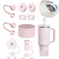 Set accessori per bicchiere isolato rosa con copri paille in silicone e base protettiva. - 9 Pezzi / Set Rosa Chiaro A