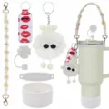 Set di accessori per borraccia con tracolla macramè, ciondolo peluche, copertura e custodia. - Bianco con corda bianca B