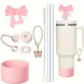 Pink Stanley tumbler accessory set with bow straw topper, butterfly chain, and silicone straw covers - Set 1 (Cup Not Included)