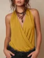 Top incrociato halter giallo senape donna dettaglio, smanicato slim moda estate abbigliamento. - Taglia S / Giallo