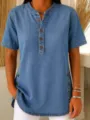 Women denim short sleeve shirt casual button V-neck top summer fashion daily commute style. - 3XL / Dark Blue