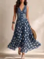 Stunning sleeveless denim splice polka dot long dress, chic V-neck casual fashion maxi dress. - S / Dark Blue Polka Dot