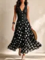 Details of the stylish black denim spliced black and white polka dot long dress for women. - 3XL / Black Polka Dot