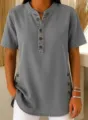 Women grey denim short sleeve top casual v neck button down shirt summer daily wear blouse - Gray