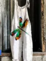 Detail shot showing the colorful dragonfly pattern printed on the white summer women jumpsuit. - S / Top And Bottom / New Floral 26