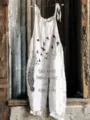 White linen jumpsuit with feather and bird print, casual vintage sleeveless wide leg pants. - S / Top And Bottom / New Floral 14