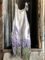 Summer women casual white linen loose jumpsuit with purple lavender print for daily wear - S / Top And Bottom / New Floral 15