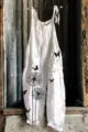 Women white linen casual jumpsuit featuring charming black dandelion and butterfly prints. - S / Top And Bottom / New Floral 16