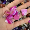 Detailed view of pink striped agate trapezoid pendants held in hand for jewelry making - Rose Striped Agate / 15*20mm (Single)