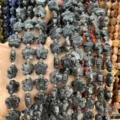 Dark grey flower shaped natural stone beads for DIY jewelry making - 25 Pieces/Strand (15x15x5mm) / Larvikite