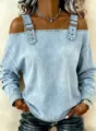 Damen lässiges Jeans Off-Shoulder Langarmshirt mit Zierriemen und Metall schnallen. - S / Hellblau