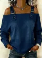 Damen Jeans Off-Shoulder Langarm Top mit Schulterriemen und Metall Schnallen Details. - S / Dunkelblau