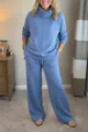 Casual autumn winter solid color high neck sweatshirt and wide leg pants two piece set - Sapphire Blue