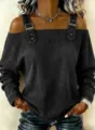 Women's off-shoulder dark grey denim long sleeve top with stylish shoulder buckle straps. - Black