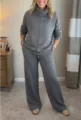 Cozy womens knit loungewear set cowl neck pullover and wide leg pants casual outfit - Gray