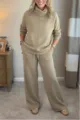 Casual khaki loungewear set featuring a cozy turtleneck pullover and wide-leg pants. - Khaki
