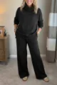Women's black turtleneck long sleeve sweatshirt and wide leg pants casual two piece set. - Black