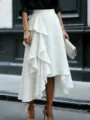 White irregular ruffle embroidered mid-length skirt, elegant high low hem style option. - S / White