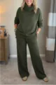 Women's solid olive green two-piece set with cowl neck top and wide-leg pants for autumn. - Green