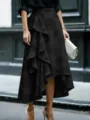 Asymmetrical black ruffle midi skirt with floral embroidery, elegant high waist style. - S / Black