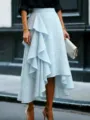 Light blue floral embroidered high-low midi skirt, elegant ruffle hem casual women wear. - S / Light Blue