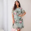 Chic floral short-sleeve midi dress in light green with elegant pink floral prints for women. - S / Dresses / Floral Print 4