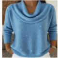 Womens long sleeve sparkly cowl neck sweater casual autumn winter knit top casual pullover - Sparkly Light Blue