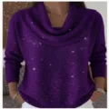 Women purple sparkly cowl neck long sleeve sweater variant, elegant autumn winter knit top. - Sparkly Purple