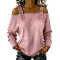 Pink off the shoulder long sleeve top with decorative shoulder straps and buckles. - Pink