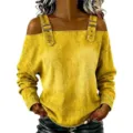 Women's off shoulder long sleeve top with decorative straps and washed denim style design. - Yellow