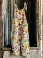 Damen Vintage Blumenmuster Jumpsuit Sommer Aermellos Bindetraeger Lange Weite Hosen - S / Muster 4