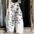 Summer casual women's white blue butterfly print overall jumpsuit, vintage loose wide leg design. - S / Floral Style 6