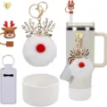 Set de accesorios para taza de Navidad con llavero pompón de peluche y funda de pajita. - Reno Blanco