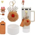 Conjunto de accesorios navideños de reno pompón llavero pajita funda para taza y termo - Marrón Alce