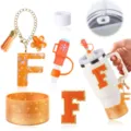 Set accessori bicchiere lettera F glitter arancione, copertura in silicone e catena pendente. - 26 Lettere arancioni