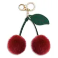 Fluffy cherry pom pom keychain and bag charm with gold hardware and green leather leaf detail. - Cherry Style / Red