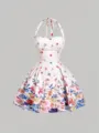 Vintage floral halterneck summer dress sleeveless backless A-line beach party dress new - S / White