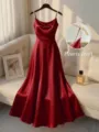 Elegant red satin maxi dress featuring delicate pearl straps and a flattering waist design. - S / Dresses / Burgundy