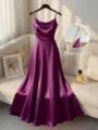 Elegant purple satin evening dress with pearl strap details, perfect for formal events. - S / Dresses / Purple