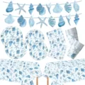 Details zu blauen Muschel Partyartikeln, Sternchen-Tellern, Servietten und Tischdeko Design. - Blaue Muschel 6-teiliges Set (Banner+Tischdecke+Teller+Becher+Servietten)