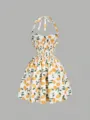 Women Lemon Print Halter Dress Summer Beach Sundress Smocked Waist Flare Party Dress - S / Yellow