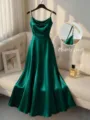 Elegant emerald green satin evening dress featuring delicate handmade pearl straps and cinched waist. - Green