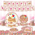 Cute capybara birthday party supplies set with banner plates cups napkins for kids celebration - Plates And Cups And Cutlery And Tablecloth And Banner / Capybara Party Tableware 10 Piece Collection
