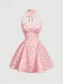 Women vintage pink polka dot halter mini dress sweet beach vacation party sundress. - S / Pink