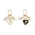 Pearl heart keychain charm with black and white rose pendant, elegant bag accessory. - Style 1