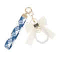 Blue woven strap keychain with white bow and pearl loop charm, elegant women accessories item. - Blue Bow / Single Piece
